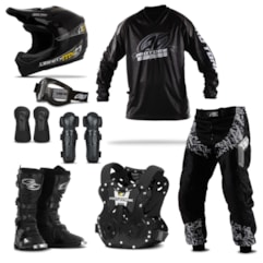 Kit Equipamento Motocross Pro Tork Insane in Black - 8 Itens Kit Equipamento Motocross Pro Tork Insane in Black - 8 Itens