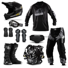 Kit Equipamento Motocross Pro Tork Insane in Black - 9 Itens Kit Equipamento Motocross Pro Tork Insane in Black - 9 Itens