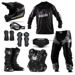 Kit Equipamento Motocross Trilha Pro Tork Insane in Black - 9 Itens Kit Equipamento Motocross Trilha Pro Tork Insane in Black - 9 Itens