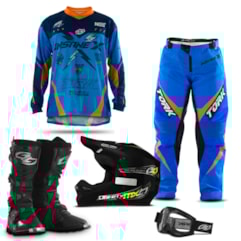 Kit Equipamentos Motocross 5 Itens - Capacete + Óculos + Bota + Camisa + Calça Kit Equipamentos Motocross 5 Itens - Capacete + Óculos + Bota + Camisa + Calça