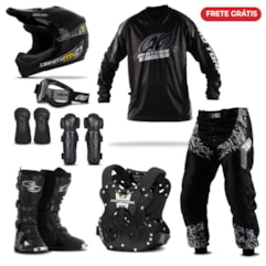 Kit Equipamento Motocross Pro Tork Insane in Black com 8 Itens Kit Equipamento Motocross Pro Tork Insane in Black com 8 Itens